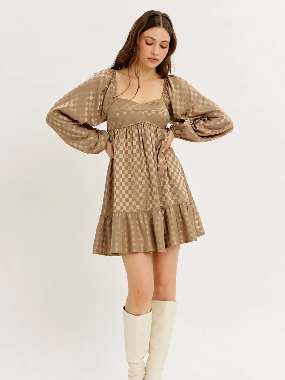 (707) Shimmering Chic Satin Checker Babydoll Mini Dress - M - NWT
